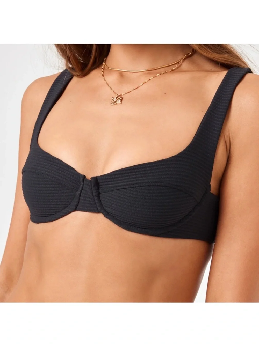 LSPACE Nikita Bikini Top Size L Black Ribbed Underwire Beach Swim Vacation